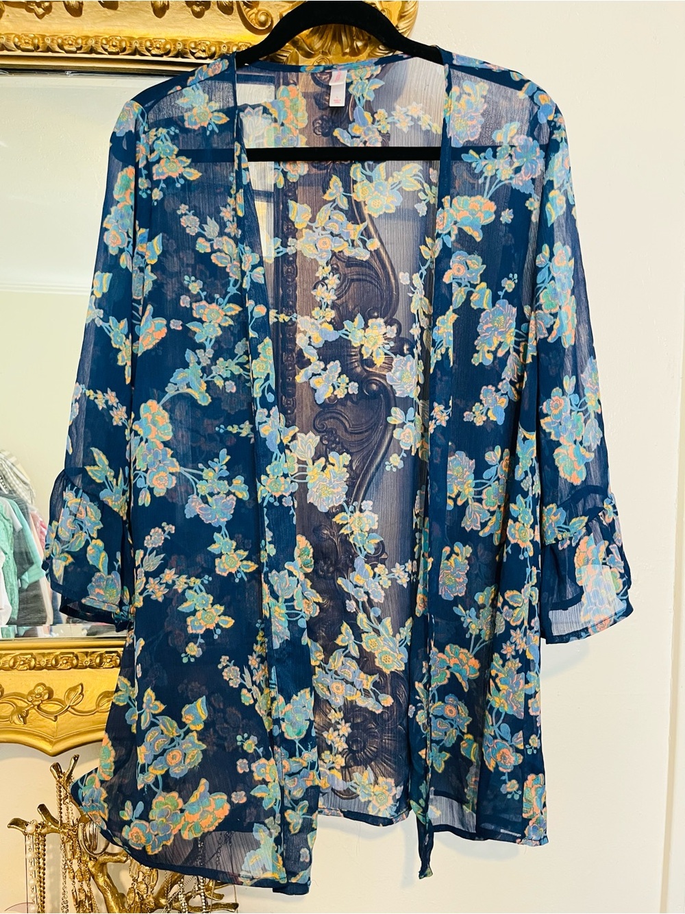 Xhilaration Navy Floral Sheer Kimono Robe
